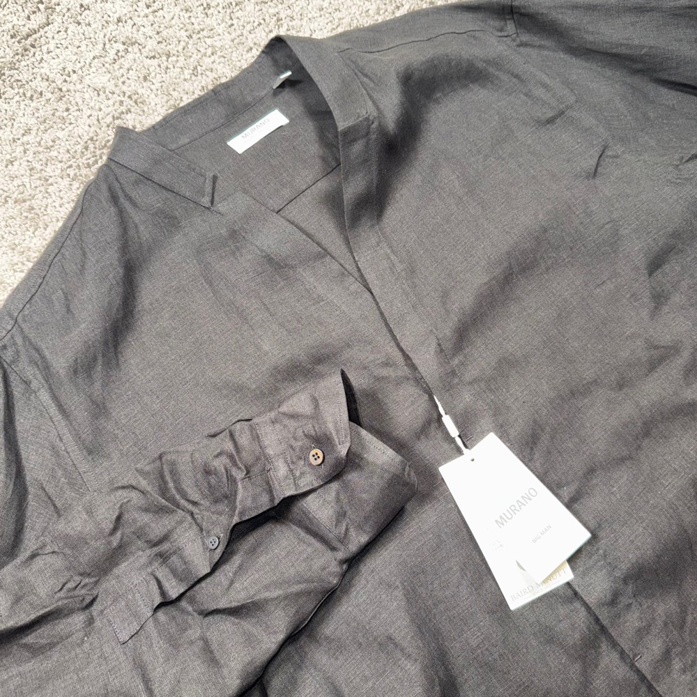 Murano x Baird McNutt Linen Shirt Mens 2XB Band Collar V-Neck Roll Tab Black NEW